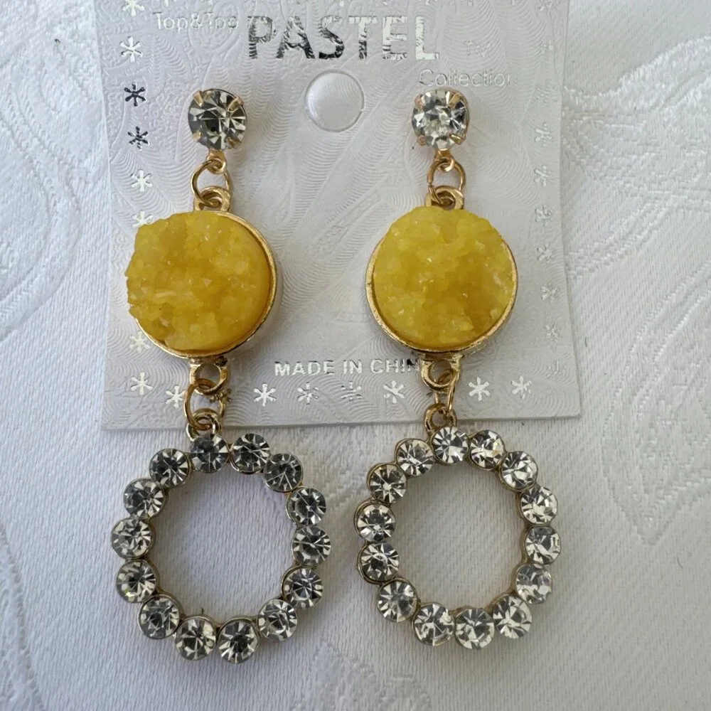 Pastel Faux Yellow Stone Crystal Gold Rhinestone Earrings Dangle Drop Party NEW